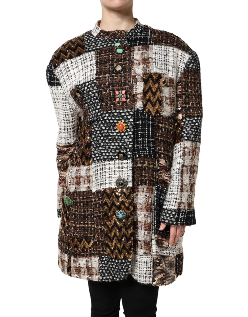 Multicolor tweed patchwork button-down jacket with ornate buttons