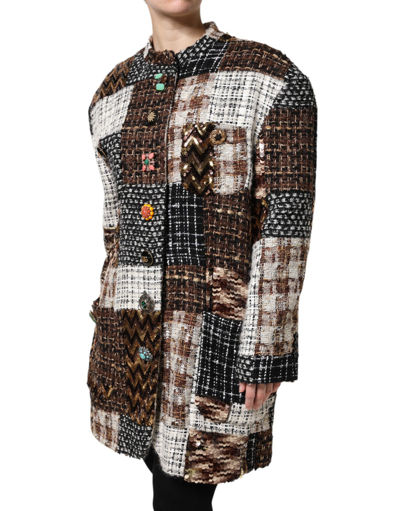 Multicolor tweed patchwork button-down jacket with sequin details and ornate buttons