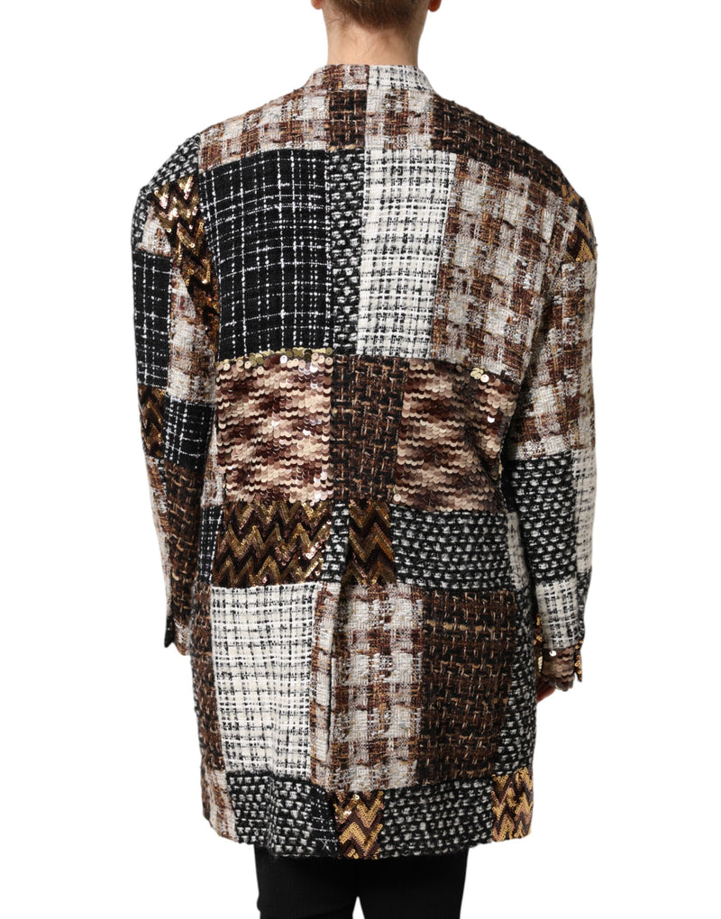 Multicolor patchwork tweed jacket featuring brown, black, and white patterns with sequined panels