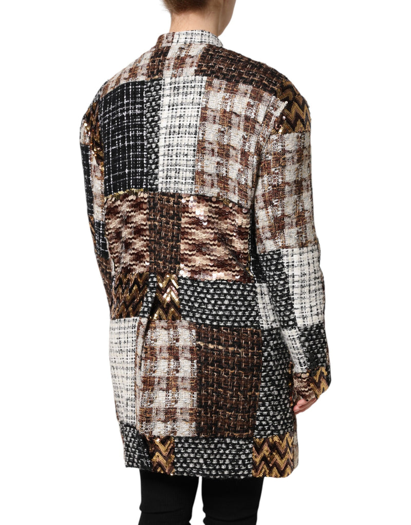 Multicolor patchwork tweed and sequin jacket worn from behind