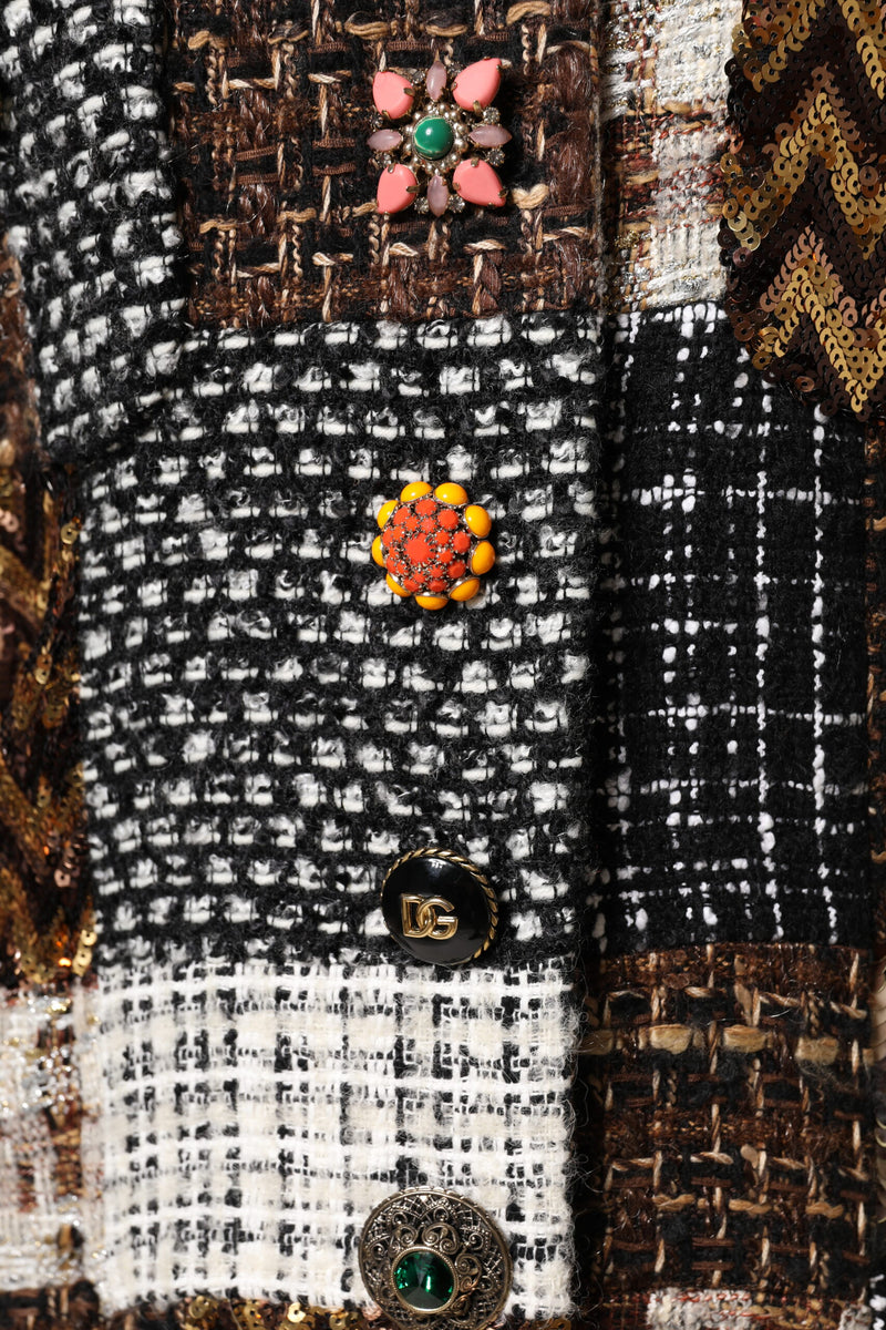 Multicolor patchwork tweed button-down jacket with ornate jeweled buttons