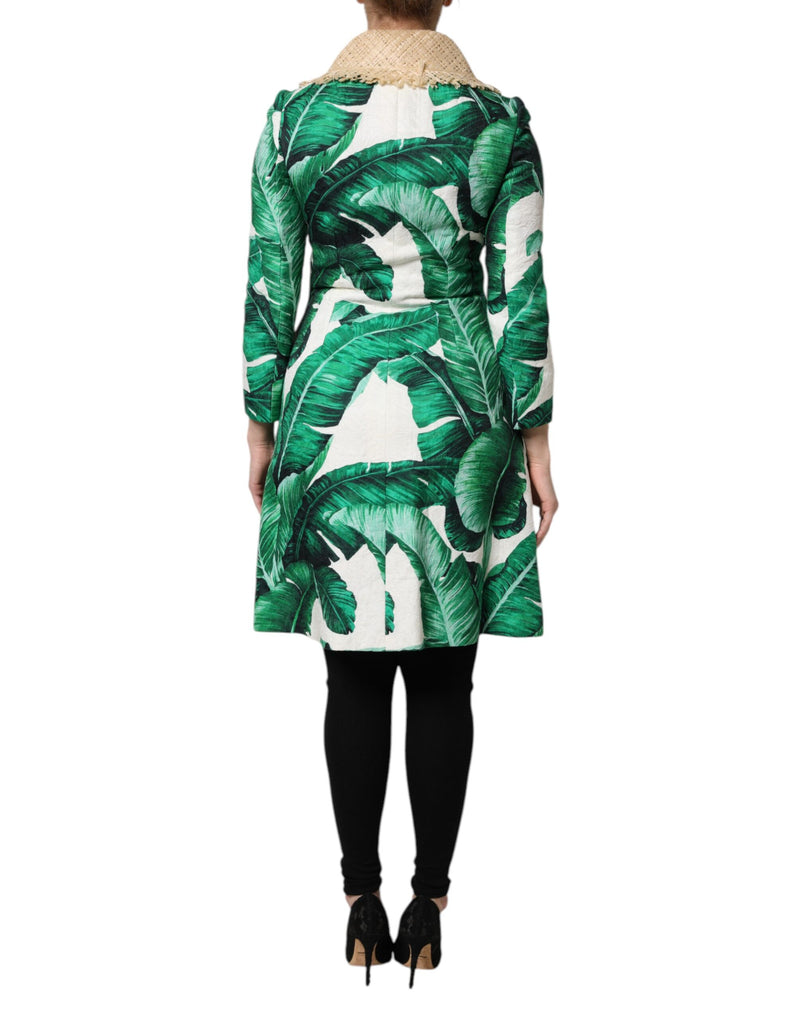Green and white leaf print trench coat with straw collar
