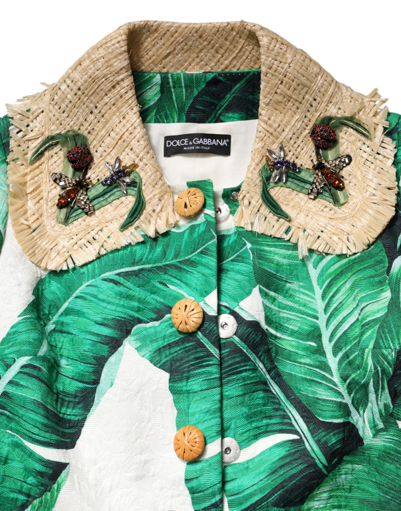 Green and white leaf print jacket with straw collar, woven buttons, and crystal bug embellishments