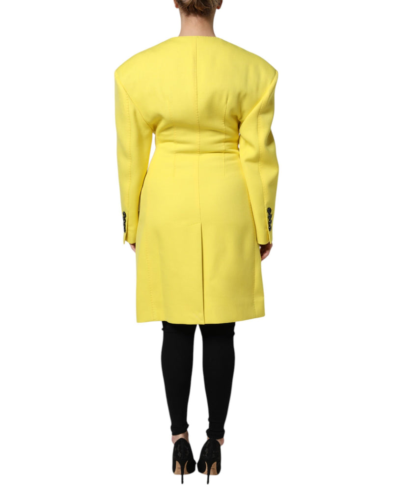 Bright yellow double breasted trench coat jacket seen from the back