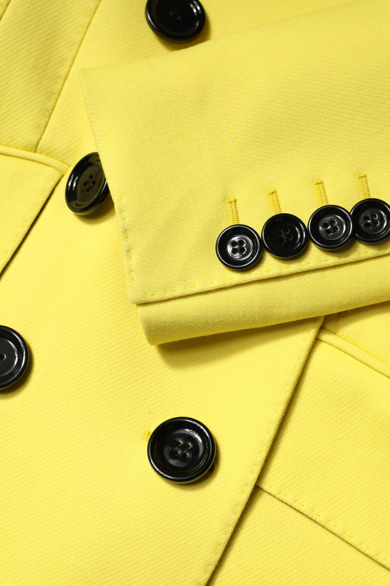 Close-up of a bright yellow cotton trench coat sleeve and lapel featuring large black buttons