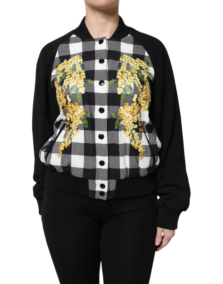 Black and white checkered button-down jacket with yellow floral embroidery and solid black sleeves