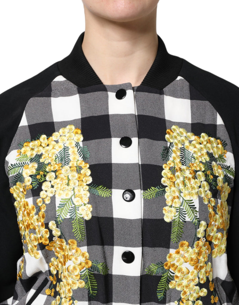 Black and white buffalo check bomber jacket with embroidered yellow floral bouquets and black snap buttons