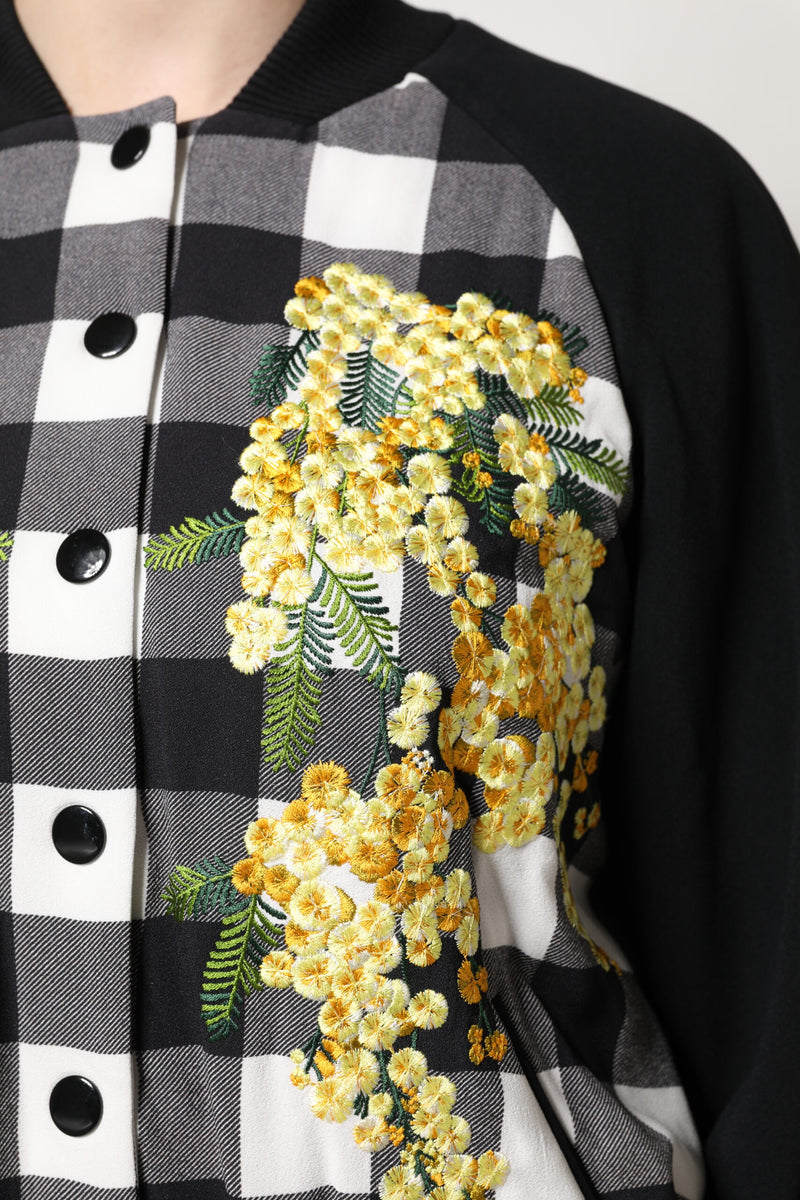 Black and white check button-down jacket with yellow floral embroidery