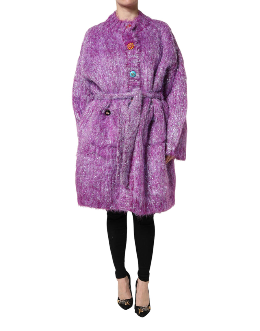 Dolce and Gabbana fuzzy purple textured trench coat with colorful decorative buttons and a matching waist belt