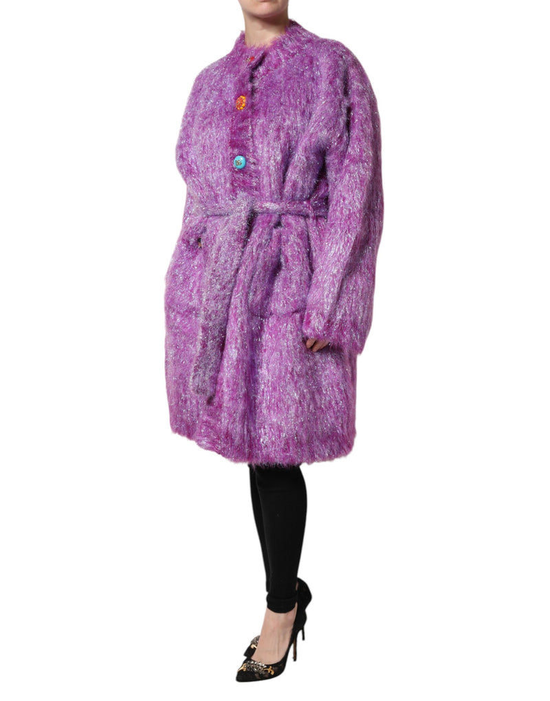Purple fuzzy textured wool trench coat with a matching tie belt and colorful decorative buttons