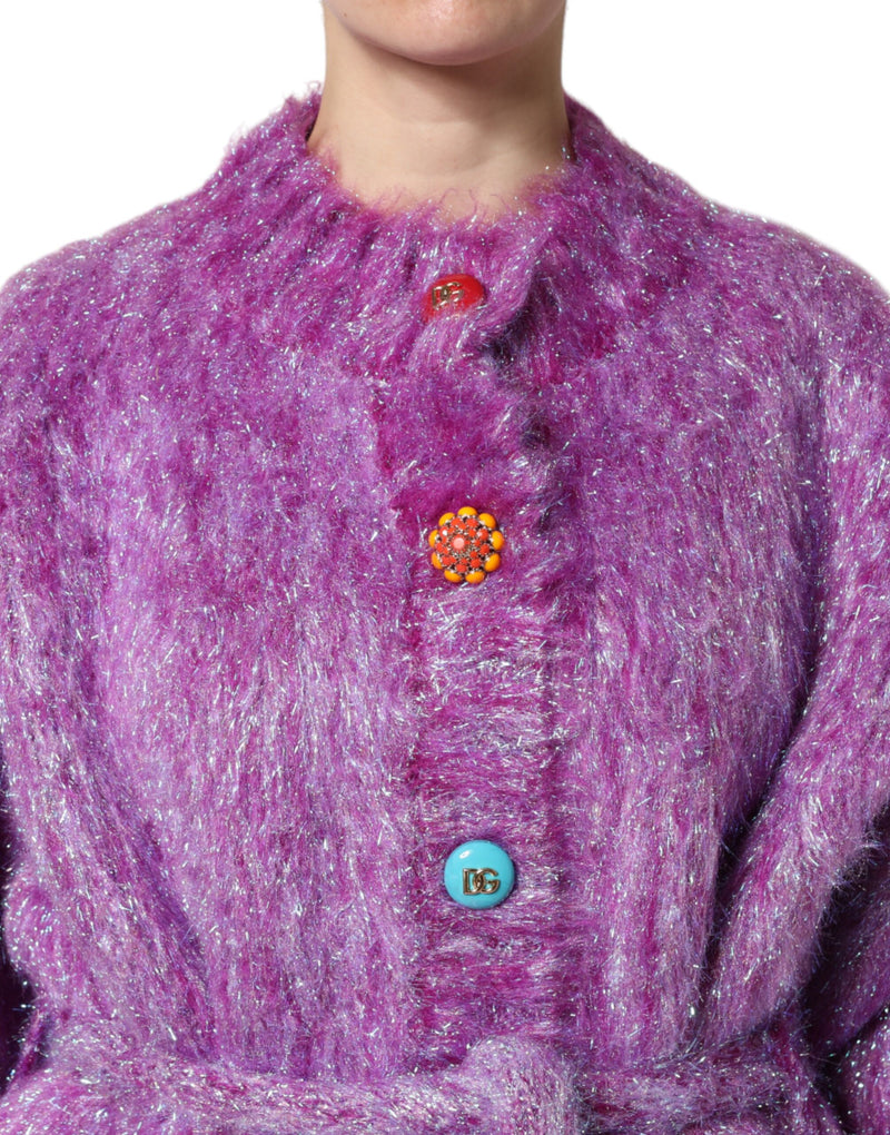 Dolce & Gabbana purple fuzzy textured wool blend trench coat jacket with colorful embellished buttons