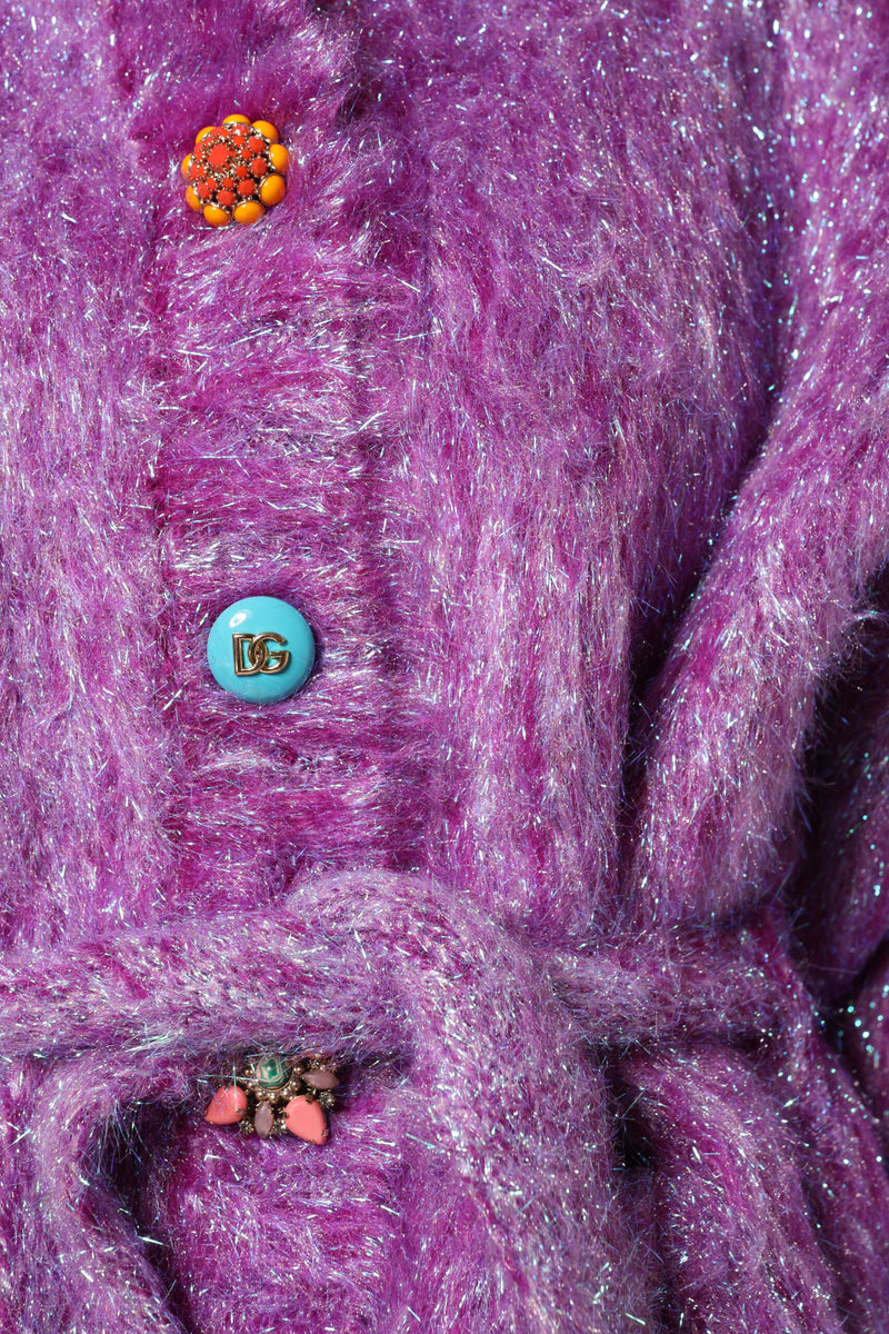 Purple fuzzy mohair belted trench coat with ornate jewel buttons