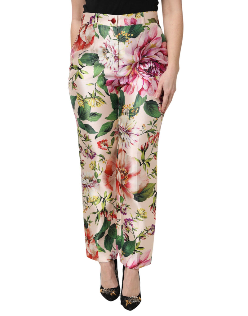 Pink silk high waist straight pants with large multicolored floral print