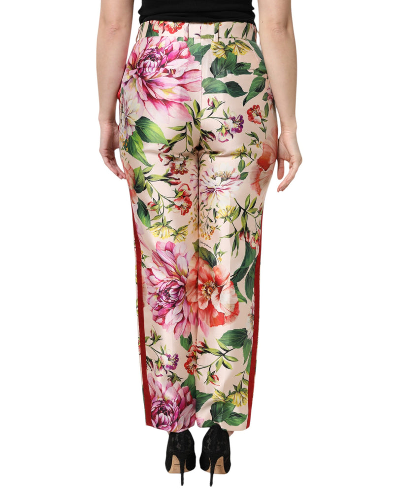 Multicolor floral silk high-waist straight pants with red side stripes