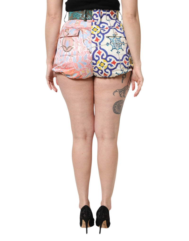 Multicolor satin high-waist shorts featuring a split floral and tile print design
