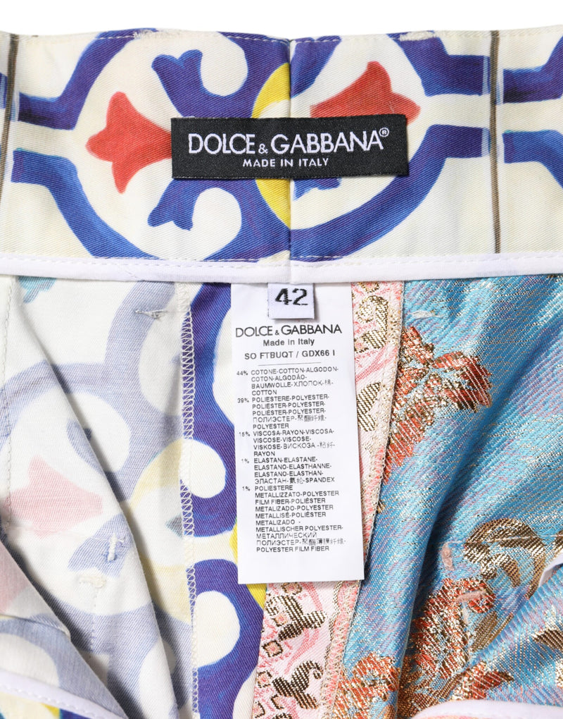 Multicolor high-waist cotton shorts featuring blue and red Italian tile print with brand labels