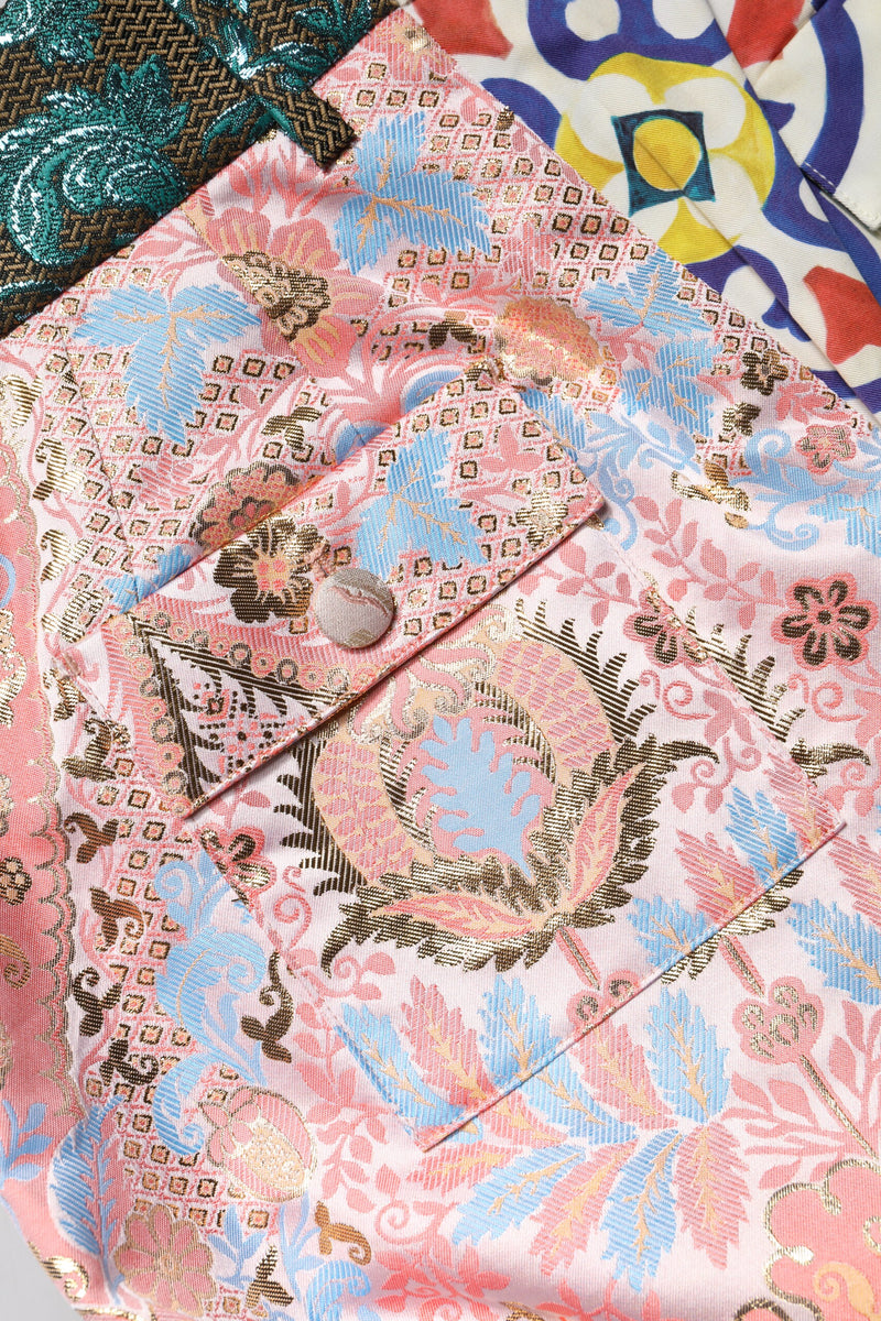 Multicolor high-waist silk hot pants featuring floral brocade pattern