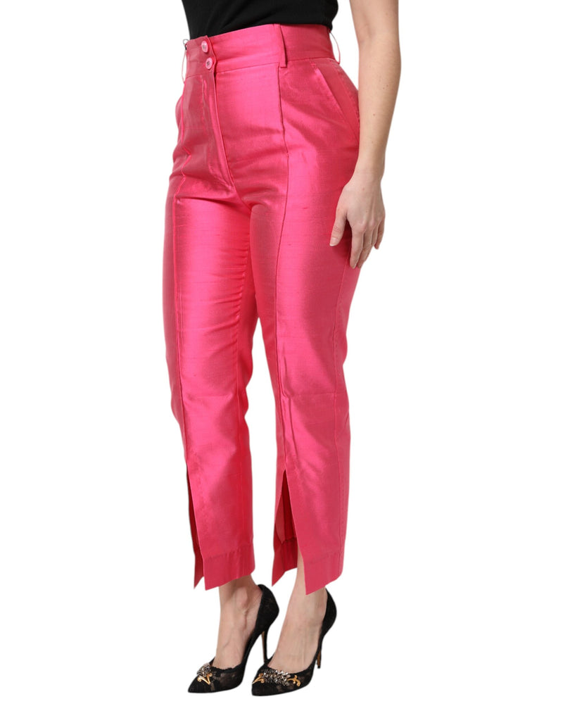 Bright pink high-waist silk tapered pants with front slit ankles