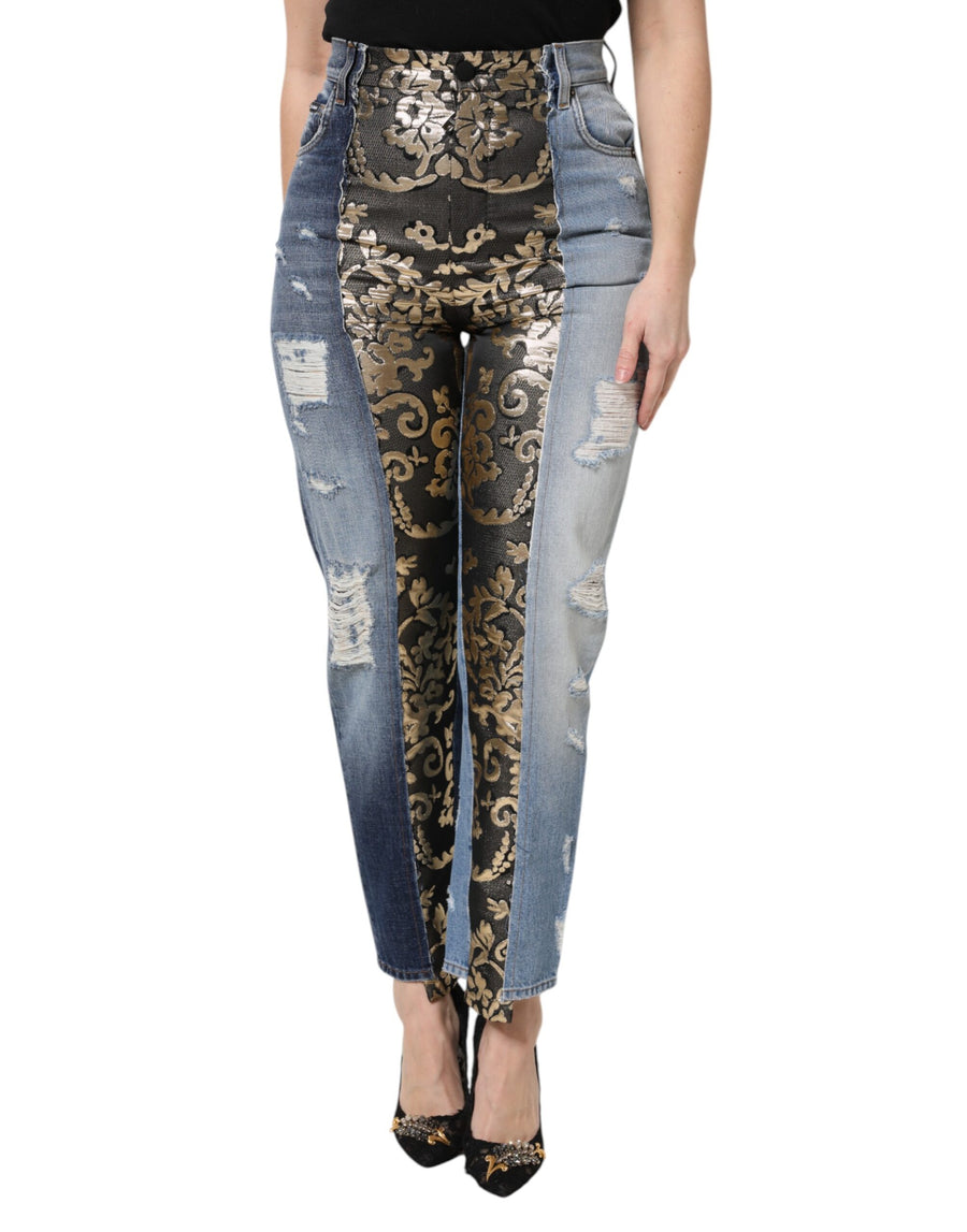 Multicolor high waist patchwork denim jeans with black and gold damask front panel and distressed blue denim sides