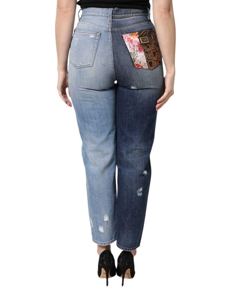 Dolce & Gabbana high-waist denim jeans with two-tone wash and a multicolored patchwork back pocket