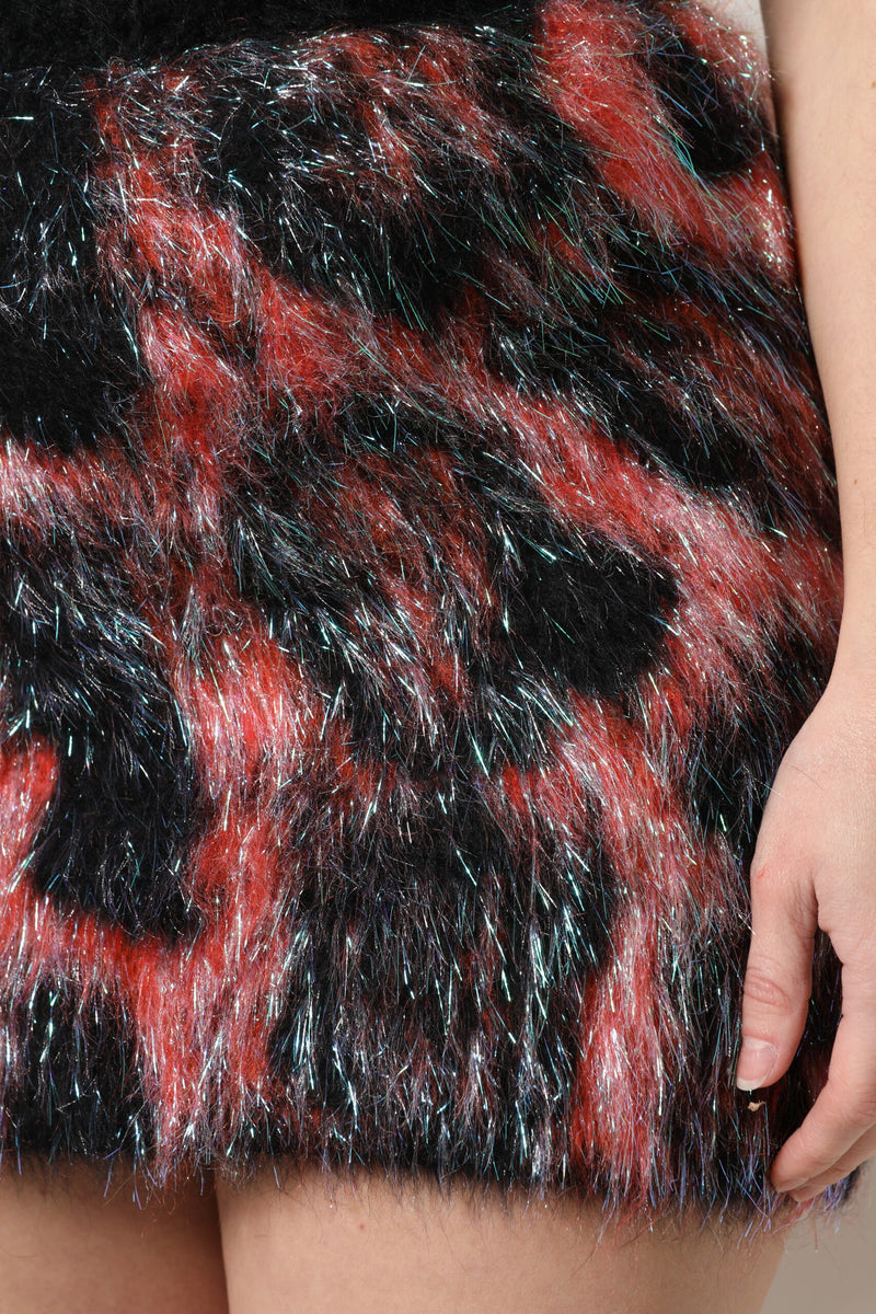 Multicolor plush faux fur high waist mini skirt in black and red animal print