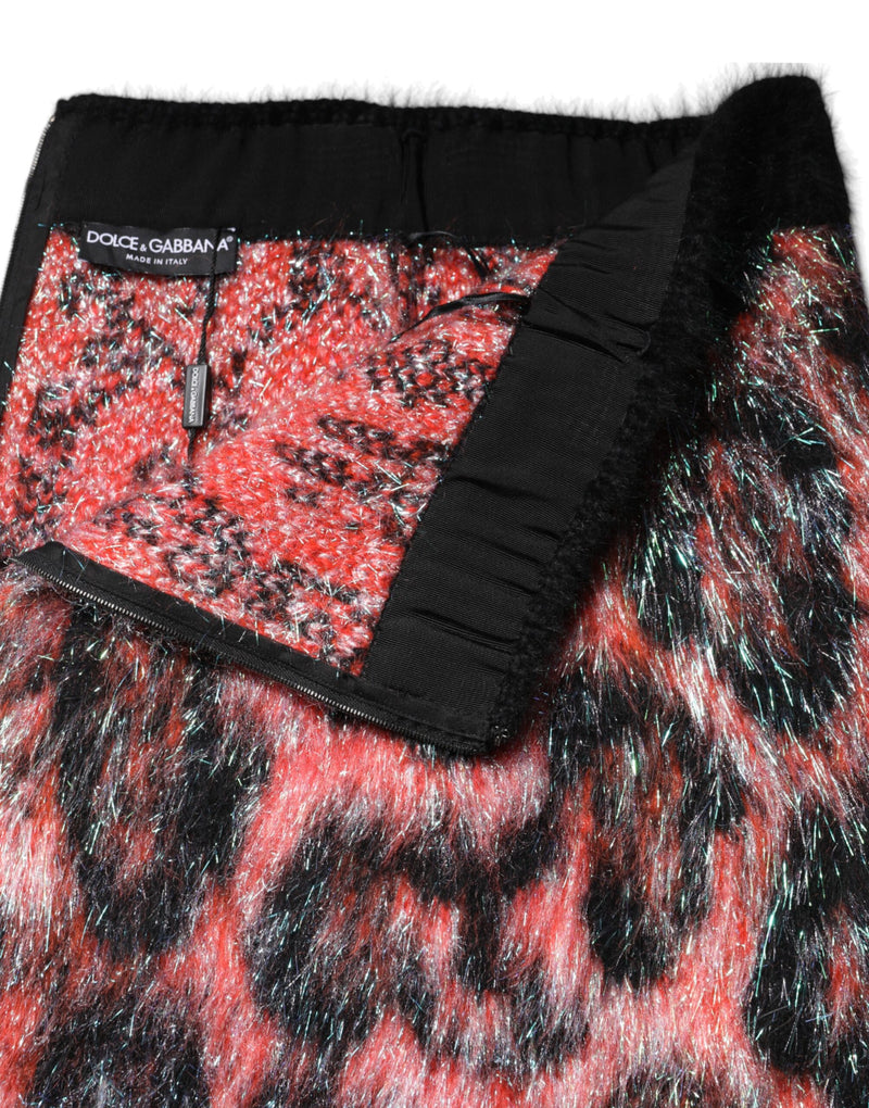 Multicolor fuzzy high waist mini skirt featuring a black, red, and iridescent animal print with black waistband
