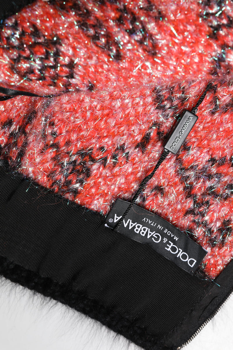 Multicolor plush high waist mini skirt in red, black, and shimmering thread with brand labels attached