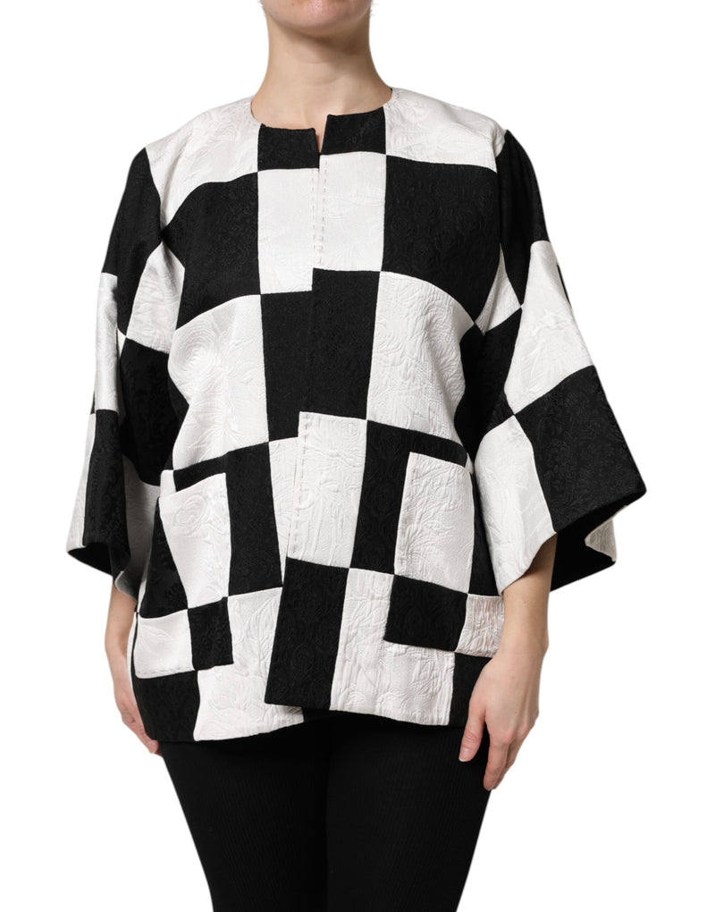 Black and white patchwork jacquard blazer jacket with wide sleeves