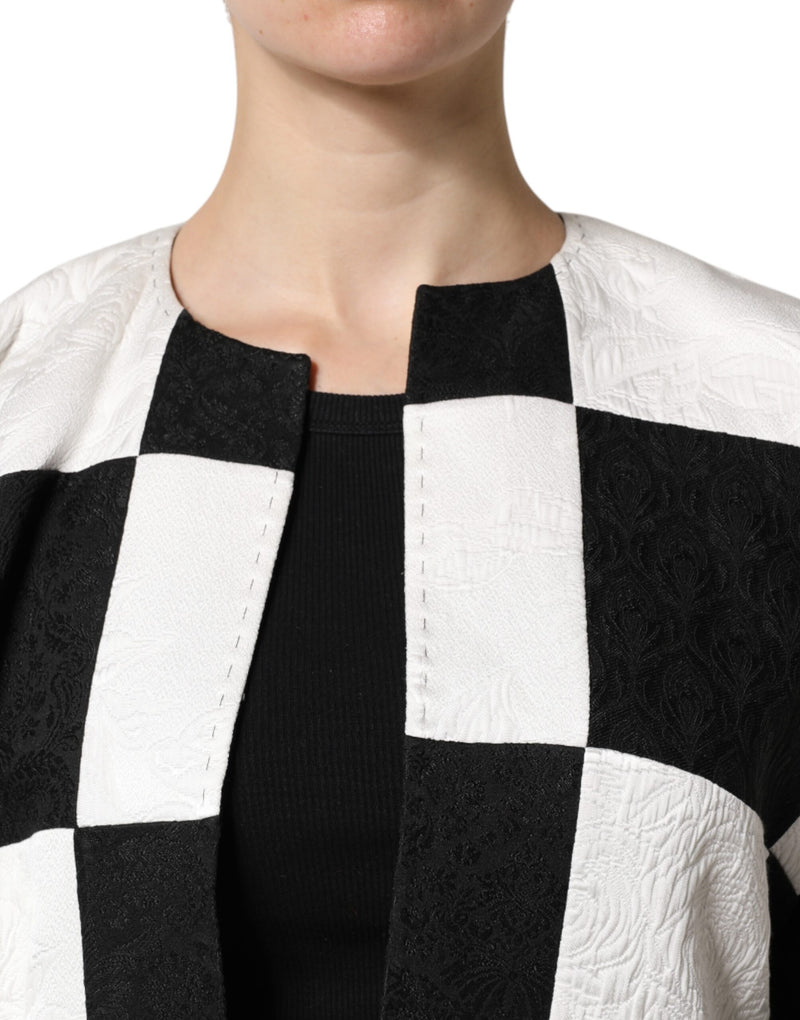 Black and white jacquard patchwork collarless jacket with textured pattern