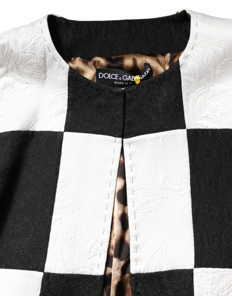 Black and white jacquard patchwork collarless jacket with leopard lining