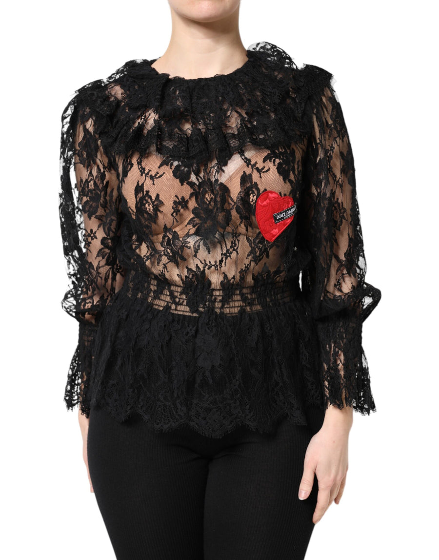 Black cotton floral lace women's blouse top with long sleeves, ruffle collar, and a red heart appliqué