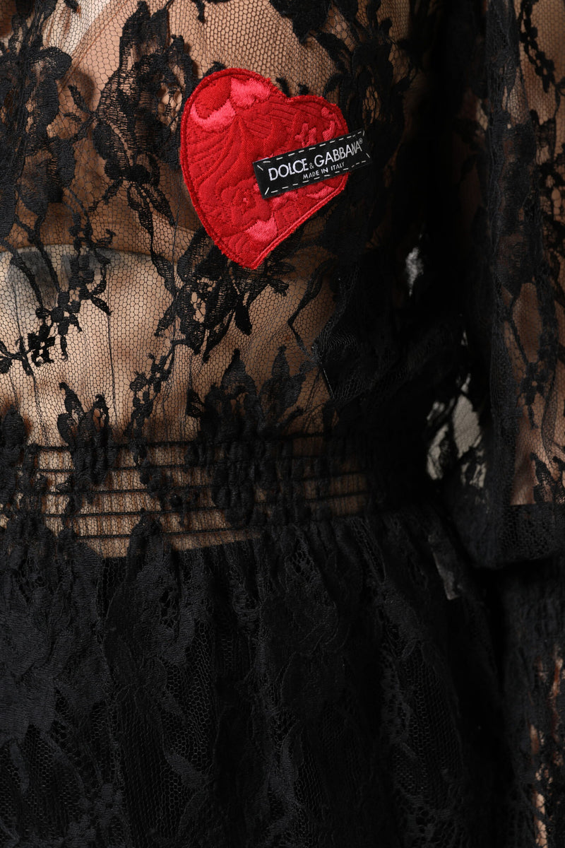 Black floral lace women blouse top with red heart patch