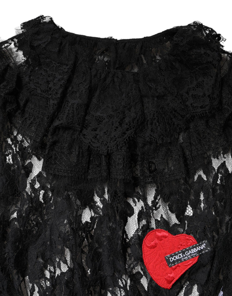 Black cotton floral lace women blouse top with ruffle collar and red heart patch
