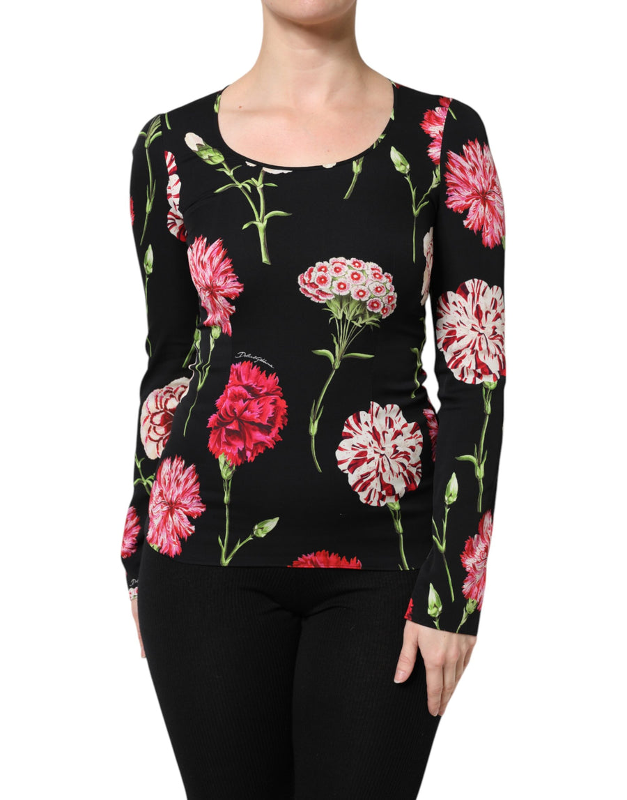 Black long-sleeve women's blouse with red and white carnation floral print