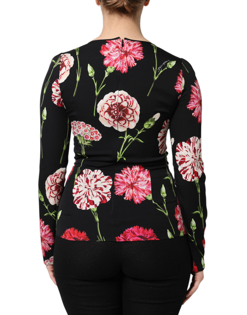 Back view of a black silk long-sleeve blouse with red and white carnation floral print