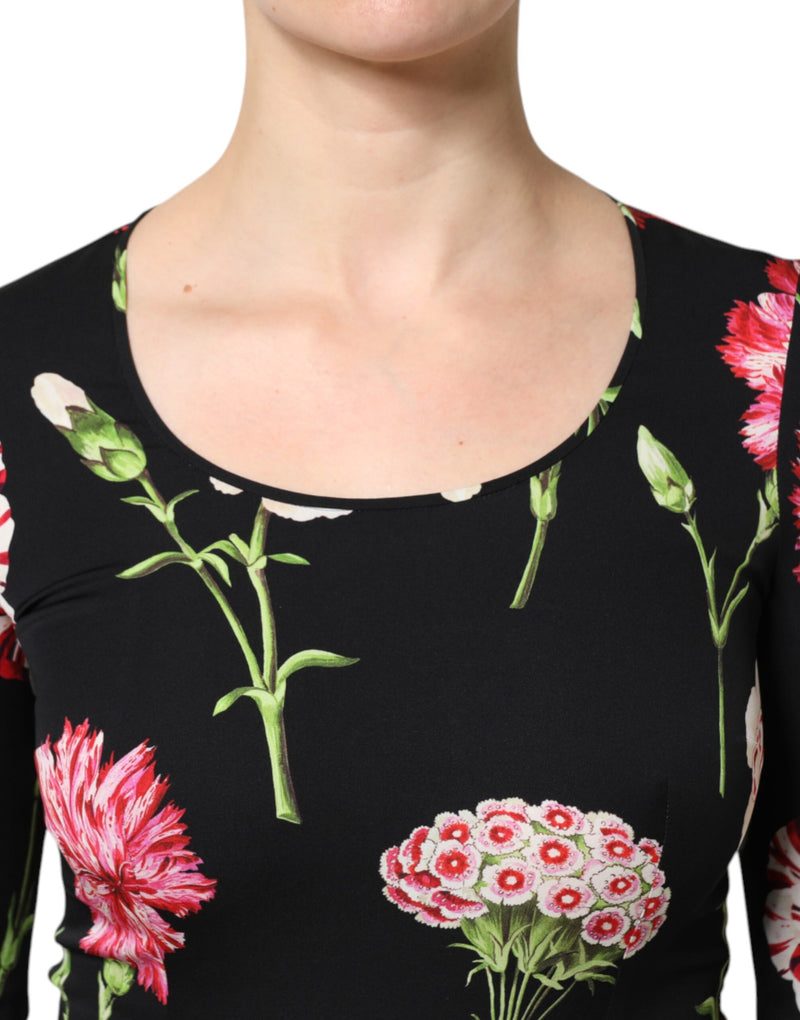 Black floral long sleeve blouse top with scoop neck