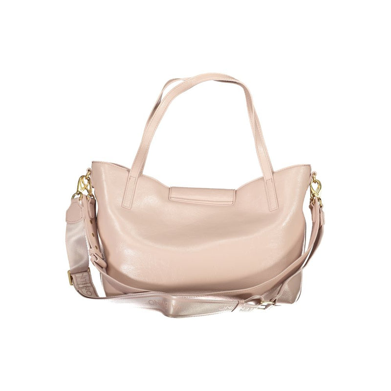 Pink polyurethane tote bag with double handles and a detachable strap