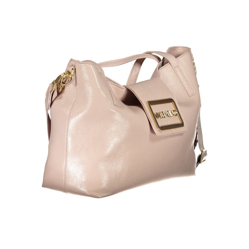Pink polyurethane shoulder bag with gold hardware and flap closure