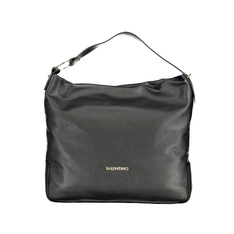 Black polyurethane shoulder bag with gold lettering