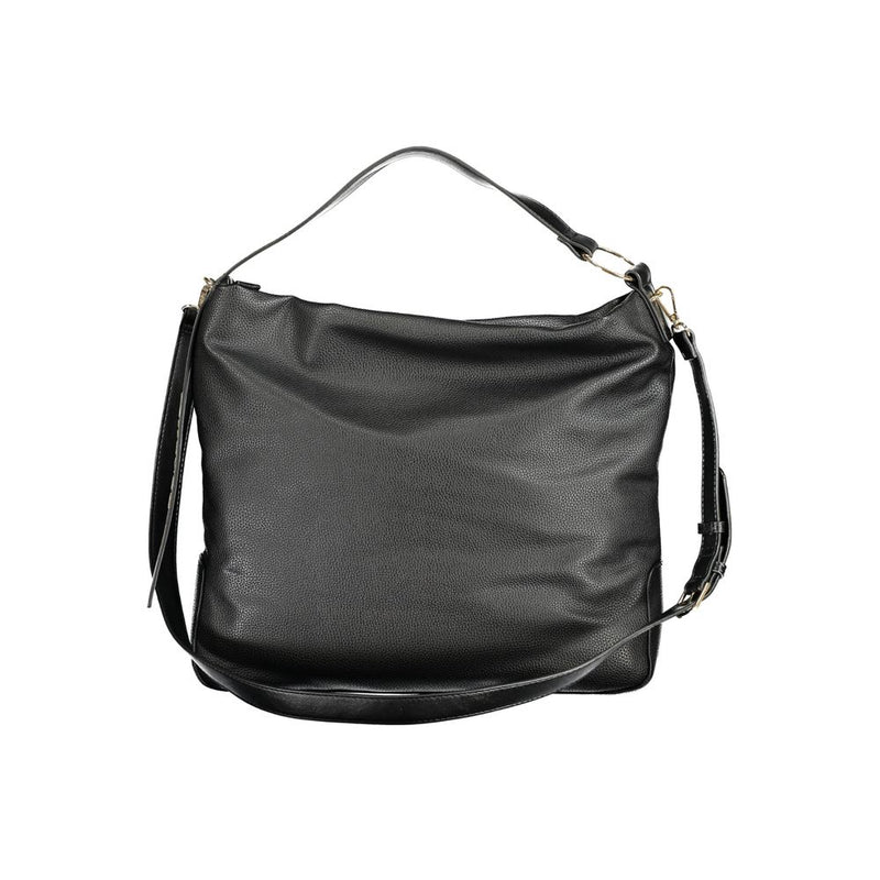 Black polyurethane hobo shoulder bag with textured faux leather and a top handle