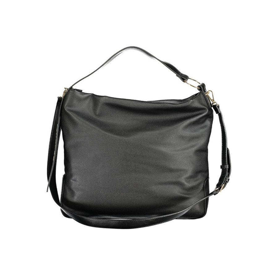Black polyurethane shoulder bag with gold lettering