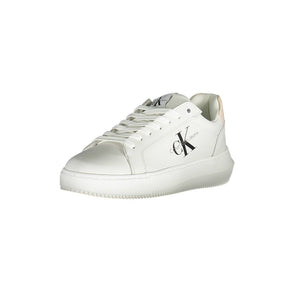Calvin Klein white leather low-top sneaker with logo branding and lace-up closure.