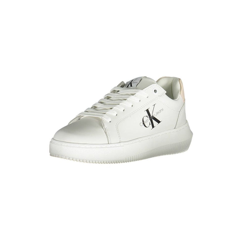 Calvin Klein white leather low-top sneaker with logo branding and lace-up closure.