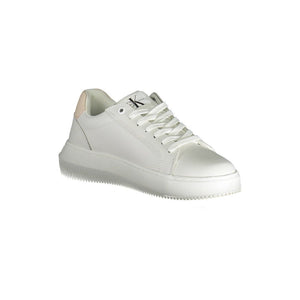 Calvin Klein white leather women’s low-top sneaker with a chunky sole and subtle pink heel accent.