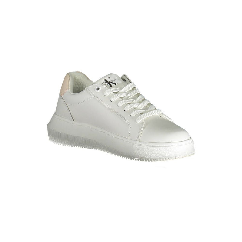 Calvin Klein white leather women’s low-top sneaker with a chunky sole and subtle pink heel accent.