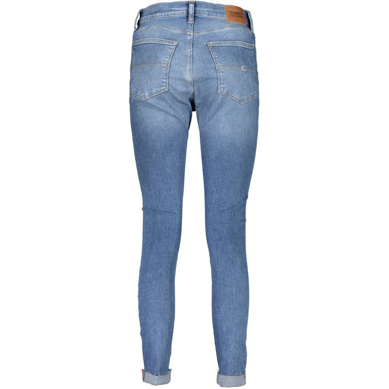 Back view of light blue cotton skinny jeans with cuffed hems and rear pockets