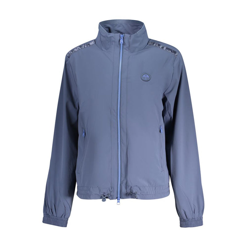 Blue nylon women's zip-up jacket with a stand-up collar and elastic hem