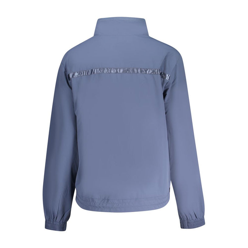 Blue nylon women's windbreaker jacket with stand collar and logo stripe on back