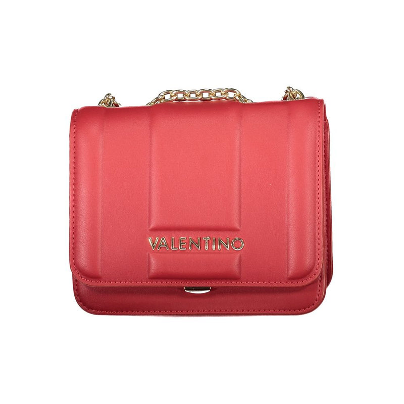 Red polyurethane Valentino shoulder bag with gold chain strap and embossed front logo