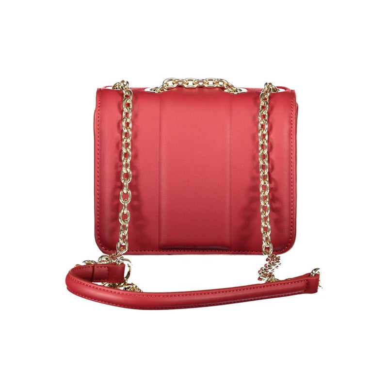 Red polyurethane structured crossbody bag with gold chain strap